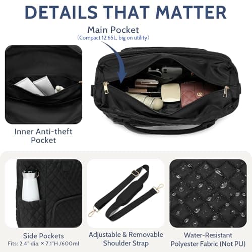 AHHZOOPLL 2-in-1 Lunch & Laptop Tote Bag for Women, 15.6" Lightweight Quilted Work Bag with Insulated Compartment, Water-Resistant Professional Commuter Bag for Office, Teacher, Nurse, Travel - Black - Thumbnail 6