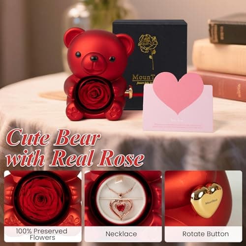 mountova Romantic Teddy Bear with Preserved Rose, Real Rose in Elegant Gift Box with Necklace for Women, Bear Roses Gifts for Mother's Day,Weddings,Valentine's Day,Anniversary,Birthday, Red - Thumbnail 3
