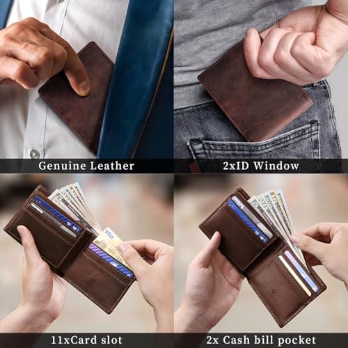 GSOIAX Top Genuine Grain Leather Premium Crazy Horse Wallet for Men-Handcrafted Vintage RFID Blocking Bifold 11 Card Slots 2 ID Windows & 2 Cash Pockets wallet Gift for Him(Red-brown) - Thumbnail 5