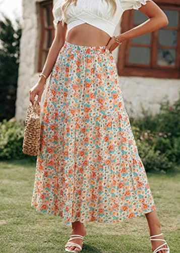 KIRUNDO Women 2026 Spring Summer High Waist Boho Floral Maxi Skirt Trendy Casual Flowy Swing Pleated A Line Beach Long Skirts(Green, Medium) - Thumbnail 2