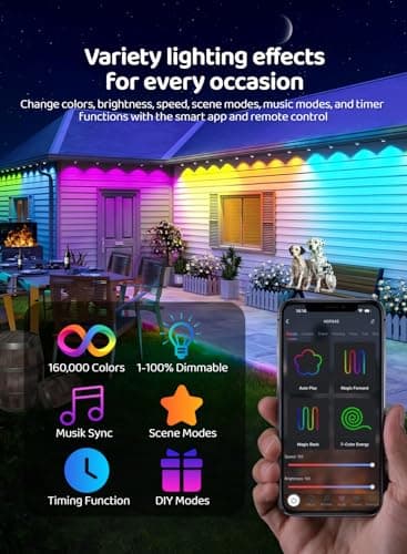 Gaoxun 150ft Permanent Outdoor Lights, RGBW Smart Outdoor Lights for House with 54 LED, APP/Remote Control, 47 Scene Modes, Timer, IP67 Waterproof Eaves Lighting for Daily Holiday Christmas Decors - Thumbnail 6