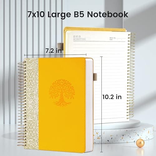 FLYING EAGLE Yellow Spiral Notebook Leather Journal for Women Men Large Notebooks 300 Pages for School Office Notepad, 7X10 Note Taking Notebooks for Writing Lined Notebook with Tabs Pockets Pen Box - Thumbnail 3