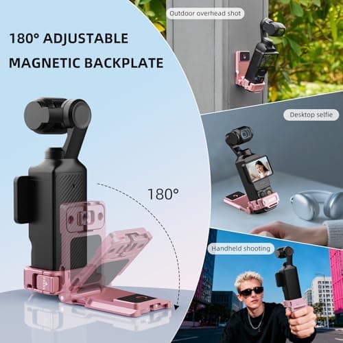 Flymile Pocket 3 Magnetic Mount Stand, Expansion Adapter Magnet Holder ＆ Cold Shoe for Xtra Muse 180° Adjustable Handle Aluminum Metal Clamp Frame Case Desk Base for DJI Osmo Pocket 3 Pink Accessories - Thumbnail 6