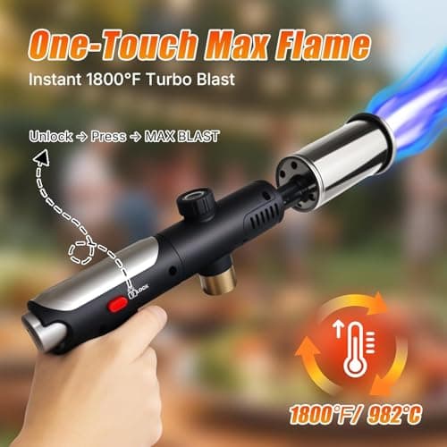 Powerful Propane Torch Gun, One-Touch Max Fire, Charcoal Torch Lighter with Adjustable Flame&Safety Lock, Kitchen Blow Torch for Cooking, BBQ, Searing Steak, Grill (Tank Not Included) - Thumbnail 4