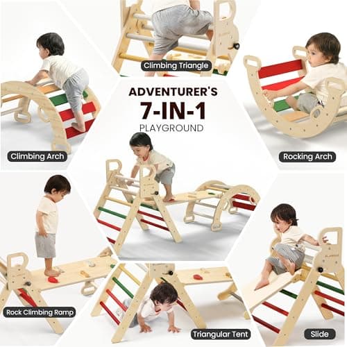 BlueWood Pikler Triangle Set, Toddler Wooden Climbing Toys Indoor 7in1 Foldable Climber for Kids, Montessori Philosophy Play Jungle Gym with Arch, Ramp, Ladder (Warm Winter Christmas) - Thumbnail 3