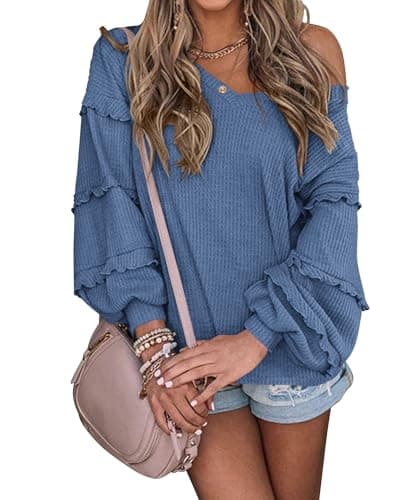 BTFBM Women's V Neck Long Sleeve Blouse Loose Fit Tunics Ruffles Off Shoulder Waffle Knit Solid Color Tops Fall Tee Shirts(Solid Dark Grey Blue,Large) - Image 1