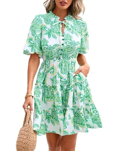 BTFBM Women Summer Floral Short Dresses V Neck Short Sleeve Tiered Ruffle Boho Swing Dress A-Line Mini Dresses(Floral White Green,Medium) - Image 1