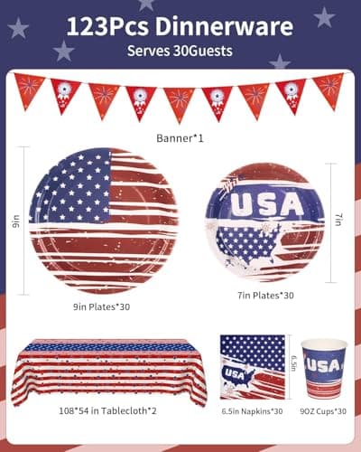Goodluck 4th of July Plates and Napkins Set, Patriotic Disposable Paper Plates Cups Napkins Tablecloth Banner, Serves 30 Guests, Red White Blue Party Supplies for Independence Day BBQ Picnic - Thumbnail 4