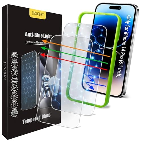 JESOHO Screen Protector for iPhone 14 Pro [6.1 Inch],2 pcs Colorless Anti-Blue Light Tempered Glass Films, HD Clear, 9H Hardness, No Bubbles, Case Friendly - Image 1