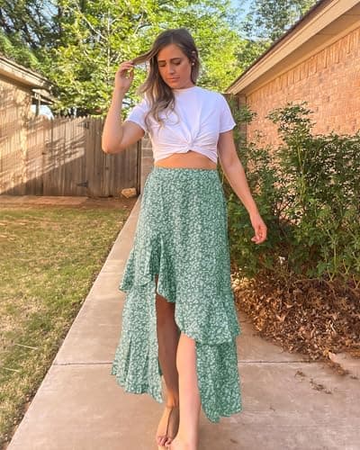 BTFBM Women 2026 Spring Summer Long Skirts Dress Boho Floral Elastic Waist Split Ruffle High Low Beach Maxi Skirt Clothes(Print Floral Green, Medium) - Thumbnail 3