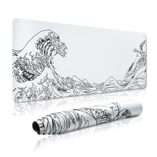 Large Gaming Mouse Pad for Desk,Kanagawa XXL Mouse Pad 35.4x15.7 Inch,Waterproof Desk Pad,Non-Slip Rubber Base Mice Pad,Keyboard Pad Computer Mat,White Mouse pad - Image 1