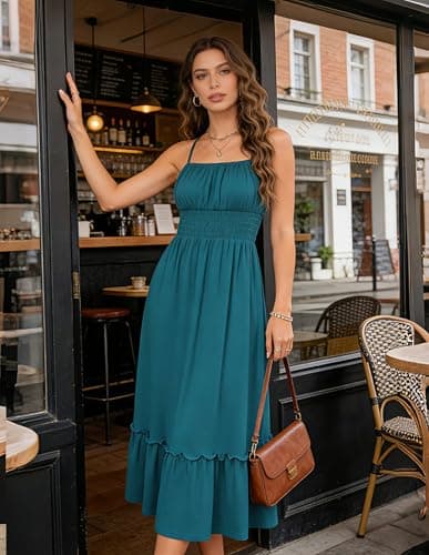 GRACE KARIN 2026 Summer Maxi Dresses for Women, Smocked Spaghetti Strap Long Dress, Flowy Boho Beach Sundress Teal S - Thumbnail 2