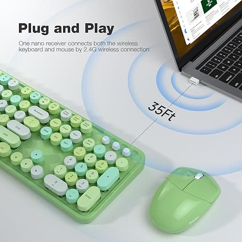 Dilter Wireless Keyboard and Mouse Combo, 104 Keys Full-Sized 2.4 GHz Round Keycap Colorful Keyboards, USB Receiver Plug and Play, for Windows, PC, Laptop, Desktop (Green Colorful) - Thumbnail 2