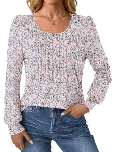 GKBK Women Long Sleeve Shirts Fall Tops Dressy Pleated Scooped Neck Tunic Tops for Leggings Floral White 3XL - Thumbnail 2