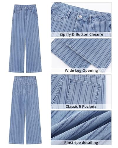 GRAPENT Striped Pants Women Wide Leg Wide Leg Womens Jeans High Waisted Jeans Concert Outfits for Women Womens Casual Pants Trendy for 2025 Women's Plus Size Bay Blue XX-Large Size 20 to 22 - Thumbnail 6