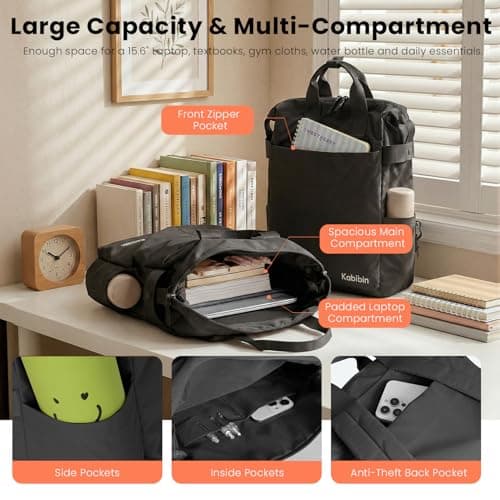 Kabibin Backpack for Women Men, Ultra Lightweight Waterproof Carry-On Daypack with 15.6in Laptop Compartment for College Travel Work (Black) - Thumbnail 3