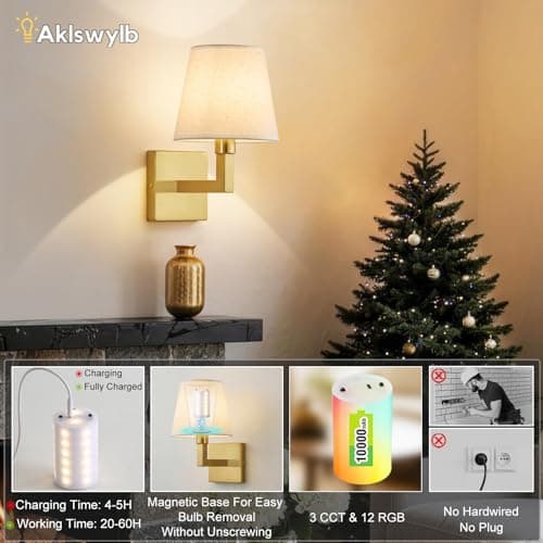 Battery Operated Wall Sconce with 10000mAh Detachable Rechargeable Bulbs, Wireless Wall Sconces Set of Two with Remote, 3 CCT & 12 RGB Dimmable Wall Sconces Battery Operated for Bedroom,Living Room - Thumbnail 5