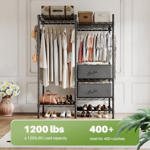 HOKEEPER Clothes Rack Heavy Duty Clothing Rack for Hanging Clothes Loads 1200LBS, Portable Closets Adjustable Garment Rack with Detachable Drawers, Side Mesh Board and Hooks 46.3"Wx16.9"Dx76.2"H Black - Thumbnail 5