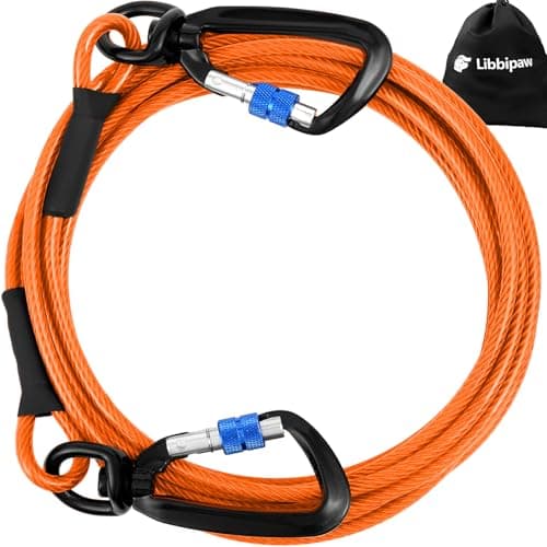 Libbipaw Dog Tie Out Cable 30FT Heavy Duty Chew Proof, Tangle-Free Runner with 360° Swivels & Locking Clip for Large Dogs Up to 250LBS - Rust Proof Leash for Yard, Camping, Outside (Orange 30FT)