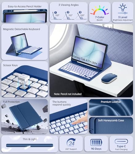 MoKo for Galaxy Tab A11 Plus/A9 Plus 11" Case with Keyboard & Mouse (2026/2024) - 7 Color Backlit Detachable Wireless Keyboard Cover with S Pen Holder for Galaxy Tablet A11+/A9+, Navy Blue - Thumbnail 3