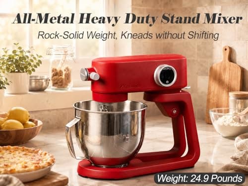 Kraftsman Stand Mixer Heavy Duty - All Metal Kitchen Standing Mixer 5.3 Quart with 4 Stainless Steel Attachments, DC Motor & Multifunctional Power Hub, 8-Speed & Timer, Lower Noise (Red) - Thumbnail 3
