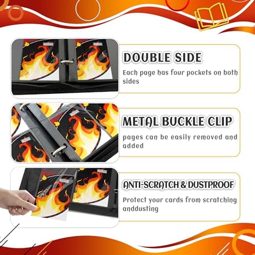 Trading Card Binder 4 Pocket, Card Binder 400 Pockels Card Book Holder Cards with 50 Removable Sleeves, 3-RingZip Design MTG/TCG/Sport Collectible Trading Card Albums Gifls for Boys and Girls (Fire） - Thumbnail 5