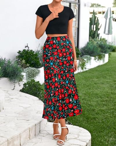 BTFBM Satin Skirts for Women Trendy Summer 2025 High Waisted A-Line Leopard Print Cocktail Wedding Long Silk Midi Skirt(Floral Black Red, Large) - Thumbnail 2