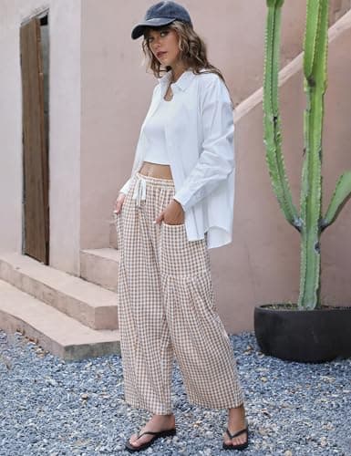 LOMON Women's Linen Pants Casual Loose Palazzo Harem Pants Wide Leg Pants Drawstring Travel Beach Pants(Orange and White Plaid,M) - Thumbnail 5