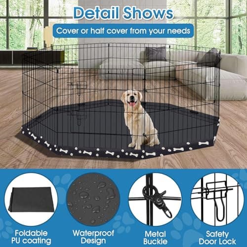 Dog Pen Pet Playpen Dog Fence Indoor Foldable Metal Wire Exercise Puppy Play Yard Pet Enclosure Indoor Outdoor 8 Panels 24 Inch with Bottom Pad (Bottom Cover Fence with Printing) - Thumbnail 4