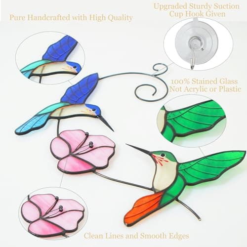 Hummingbird Stained Glass Window Hanging, Handmade Humming Bird with Flower Suncatcher, Sun Catcher Indoor Decor, Decoration, Gift for Women Mom Bird Lover, 10"(W) X8(H), Gift Package, Hanger Given - Thumbnail 3