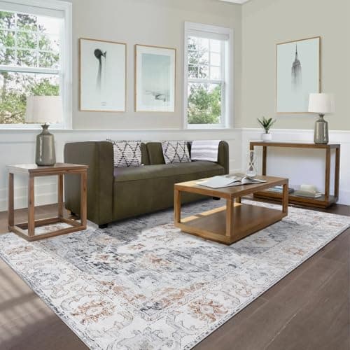 Syalife 9x12 Washable Area Rug, Ultra Soft Non-Slip, Low Pile, Stain Resistant Vintage Area Rug for Living Room, Boho Carpet for Bedroom, SP-USI009-912FG03GY