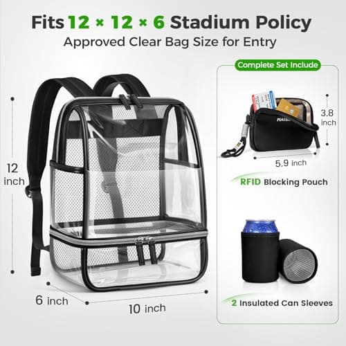 MATEIN CLASSIC TPU Clear Backpack Stadium Approved, Dual-Layer Clear Stadium Bag 12×6×12 with RFID Wristlet Pouch, Thick Transparent Backpack with Insulated Can Sleeves for Game Day Sports Festival - Thumbnail 4