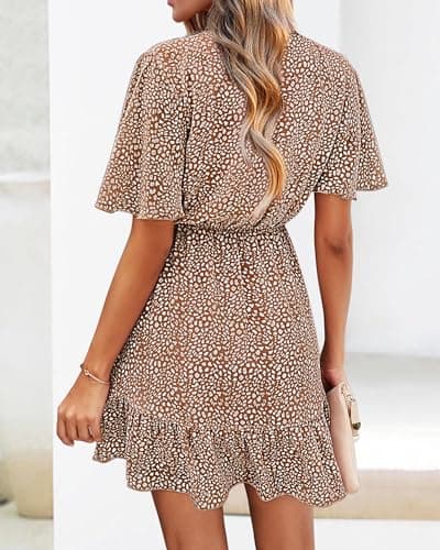 KIRUNDO Womens Summer Dresses 2026 Casual Spring Short Sleeve V Neck Ruffle Floral Print High Waist Belted Flowy Mini Dress(Coffee, Large) - Thumbnail 2
