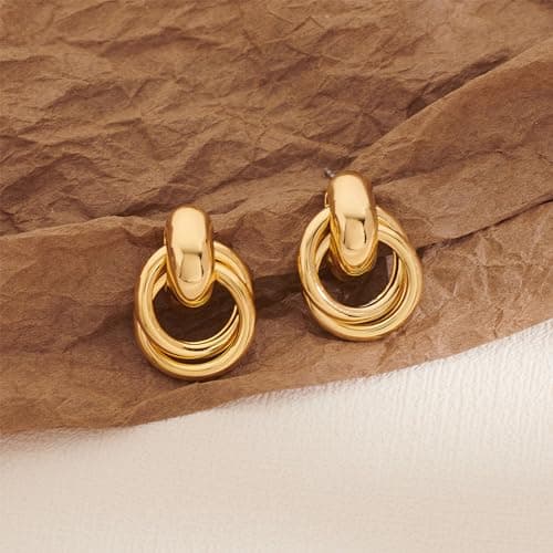 CUFELMU Gold Geometric Drop Dangle Earrings for Women Stud Small Twisted Link Earrings 14K Gold Plated Jewelry Gifts - Thumbnail 6