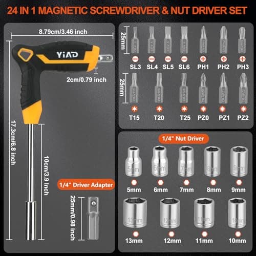 24-Piece T-Handle Magnetic Screwdriver Set, 14 CR-V Steel Bits & 9 Nut Drivers (5-13mm), Ergonomic Non-Slip Grip All-in-One Hand Tool for Household Repair, DIY & Bicycle Maintenance - Thumbnail 2