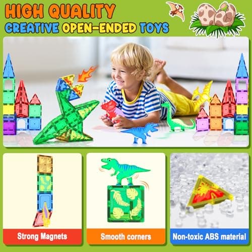Coodoo Dinosaur Toys Magnetic Tiles - Magnet Building Blocks for Toddler Kids Toys STEM Sensory Outdoor Toy for 3+ Year Old Boys and Girls, Dinosaur World Creative Games Kids - Thumbnail 5