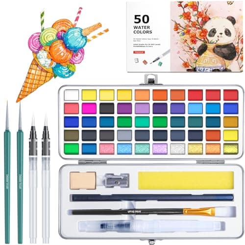 Watercolor Paint Set with 100 Rich Colors,Professional Travel Art Kit with 7 Brushes, 8 Papers, Palette & Accessories,Includes Metallic & Fluorescent Paints,Art Supplies for Artists, Adults & Hobbyists (50 unique colors)