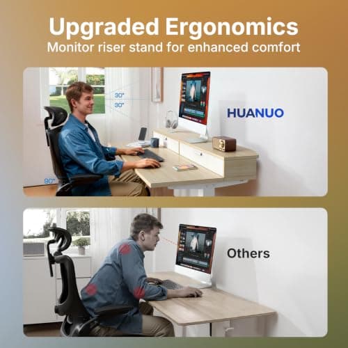 HUANUO 32 x 21 inch Small Electric Standing Desk with 2 Drawers, C-Clamp Mount Compatible, Height Adjustable Sit Stand Desk, Home Office Stand Up Desk with 4 Memory Height Settings, Light Walnut - Thumbnail 5