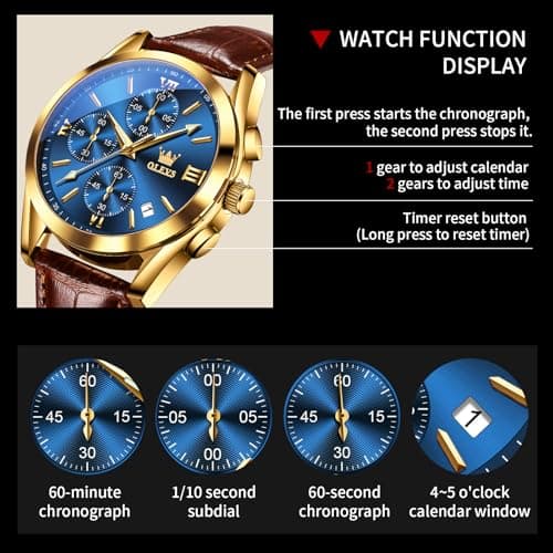 OLEVS Mens Watches Brown Leather Strap Blue Face Chronograph Wrist Luxury Casual Watches for Men Waterproof Luminous Analog Quartz Nice Men Watch Relojes para Hombres - Thumbnail 5