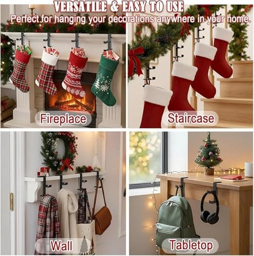 4 Pack Stocking Holders for Mantle for Christmas Decorations,2 in 1 Mantle Garland Holder for Hanging Christmas Stockings,No Drilling Required & Adjustable Garland Hanger, Metal(Black) (4 Black) - Thumbnail 6