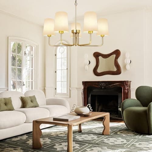 Tadpole Jump Farmhouse Chandelier 5 Lights Chandeliers for Dining Room with White Fabric Shade Rustic Gold Dining Room Light Fixture for Kitchen Bedroom Living Room - Thumbnail 2