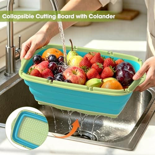 Gintan Camping Cutting Board, 9-in-1 Collapsible Chopping Board with Colander, Kitchen Vegetable Washing Basket for Camping, Camping Gifts Camping essentials for RV Campers (Blue Green) - Thumbnail 5