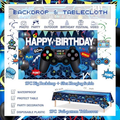 75Pieces Video Game Party Supplies Set: Decorations with Happy Birthday Gaming Backdrop, Hanging Swirls, TableCovers, Cake Topper, Foil Gamer Balloons, Multi-Color Balloons. Perfect for Game ON Party! - Thumbnail 4