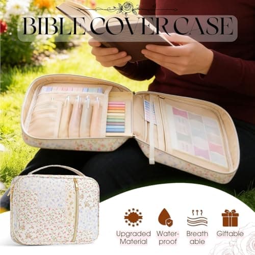 Large Quilted Bible Cover Case: Christian Birthday Gifts for Women Girls Mom Her Wife Floral Bible Bag with Multi Pockets 26Pcs Study Supplies Journaling Kit, Durable Book Carrying Cases Summer Gift - Thumbnail 2