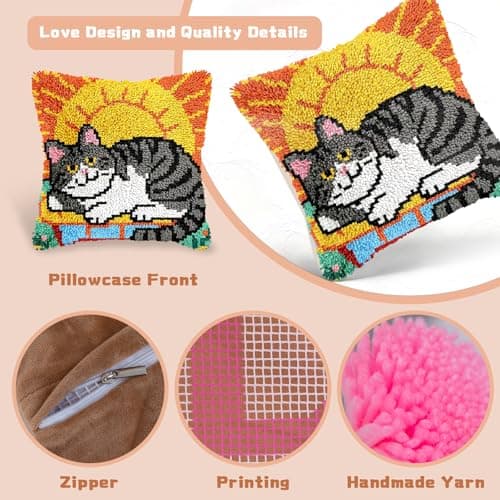Miaceito Cute cat Latch Hook Kits for Adults Beginners,DIY Pre-Printed Latch Hook Pillow Kits Includes Wooden Hook Tool,17x17 Inch Home Decor Sofa Cushion Gift for Mom - Thumbnail 4