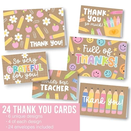 Hadley Designs Teacher Thank You Cards with Envelopes -24 Teacher Appreciation Cards Bulk, Cute Thank You Notes from Students, Teacher's Day End of School Year Christmas & Valentines Card for Teachers - Thumbnail 3
