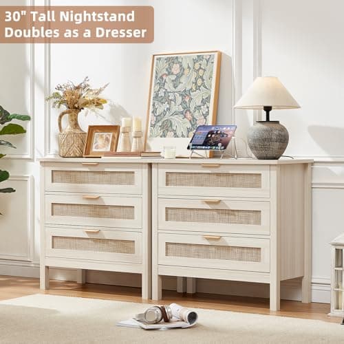 LEYAOYAO 31.5" Wide Rattan Night Stand with Charger Station, Large Boho 3 Drawer Nightstand, Grey White Bedside Table with Storage, 30" Tall Bed Side End Tables for Bedroom, Living Room, Hallway - Thumbnail 3