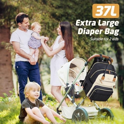 Tonyeee Diaper Bag Backpack - Extra Large Diaper Bag for 2 Kids Twin, Travel Baby Bags for Mom Dad 25-37L Expandable with Changing Pad Earphone Hole, Apricot Black - Thumbnail 3