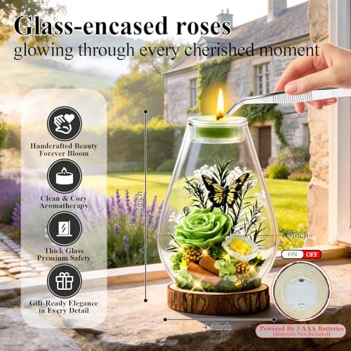 Preserved Rose Candle Holder in Glass Dome Mother's Day Birthday Gift for Mom Forever Flowers for Anniversary Valentine's Gift for Her Women Real Flowers Eternal Rose for Proposal Wedding-Green - Thumbnail 4
