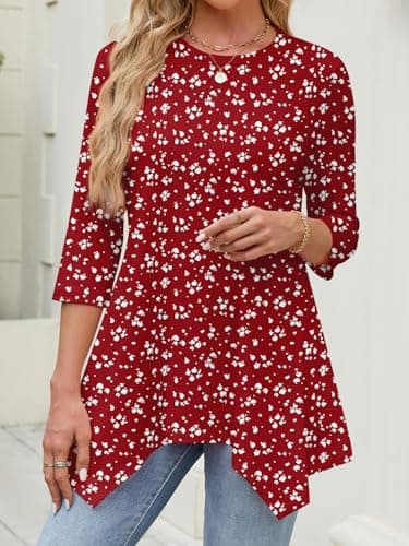 JUSTFASHIONNOW Tunic Tops for Women Loose Fit Dressy Casual 3/4 Length Sleeve Womens Spring Plus Size Tops Ladies Floral Clothing（Floral Red，XX-Large - Thumbnail 5